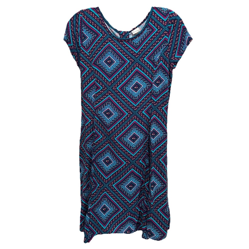 Vintage Y2K Mudd Blk/Teal Floral Midi Wrap Dress Size 14 Short Sleeve‎ Zip Scoop